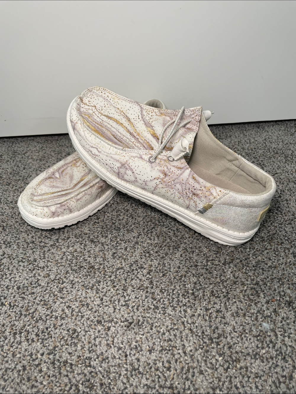 Hey Dude Women's Marble Print Slip-On Flats in White, Gold, and Sliver - Picture 4 of 5
